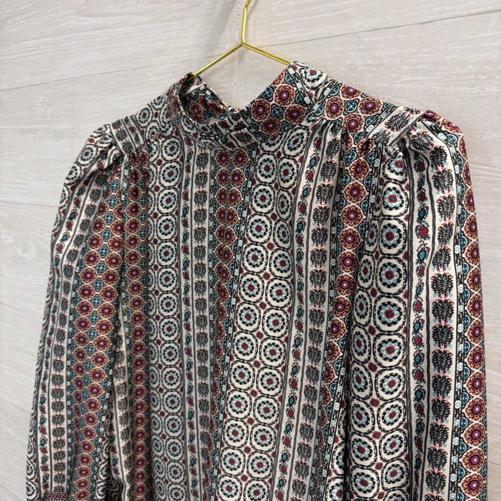 Loft White/ Brown Multi Print Long Sleeve Top Extra Small
