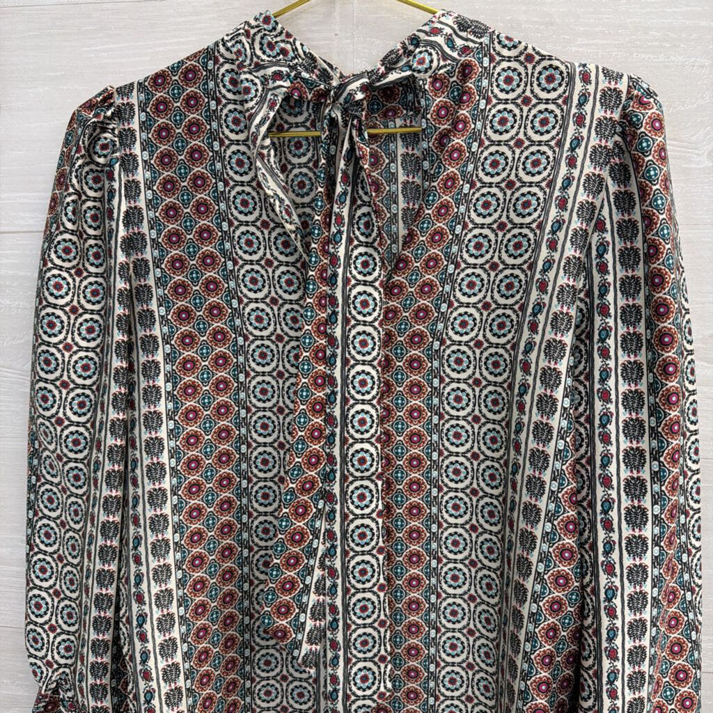 Loft White/ Brown Multi Print Long Sleeve Top Extra Small