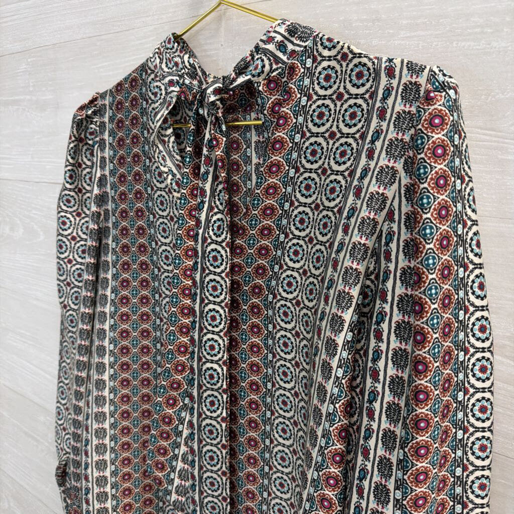 Loft White/ Brown Multi Print Long Sleeve Top Extra Small