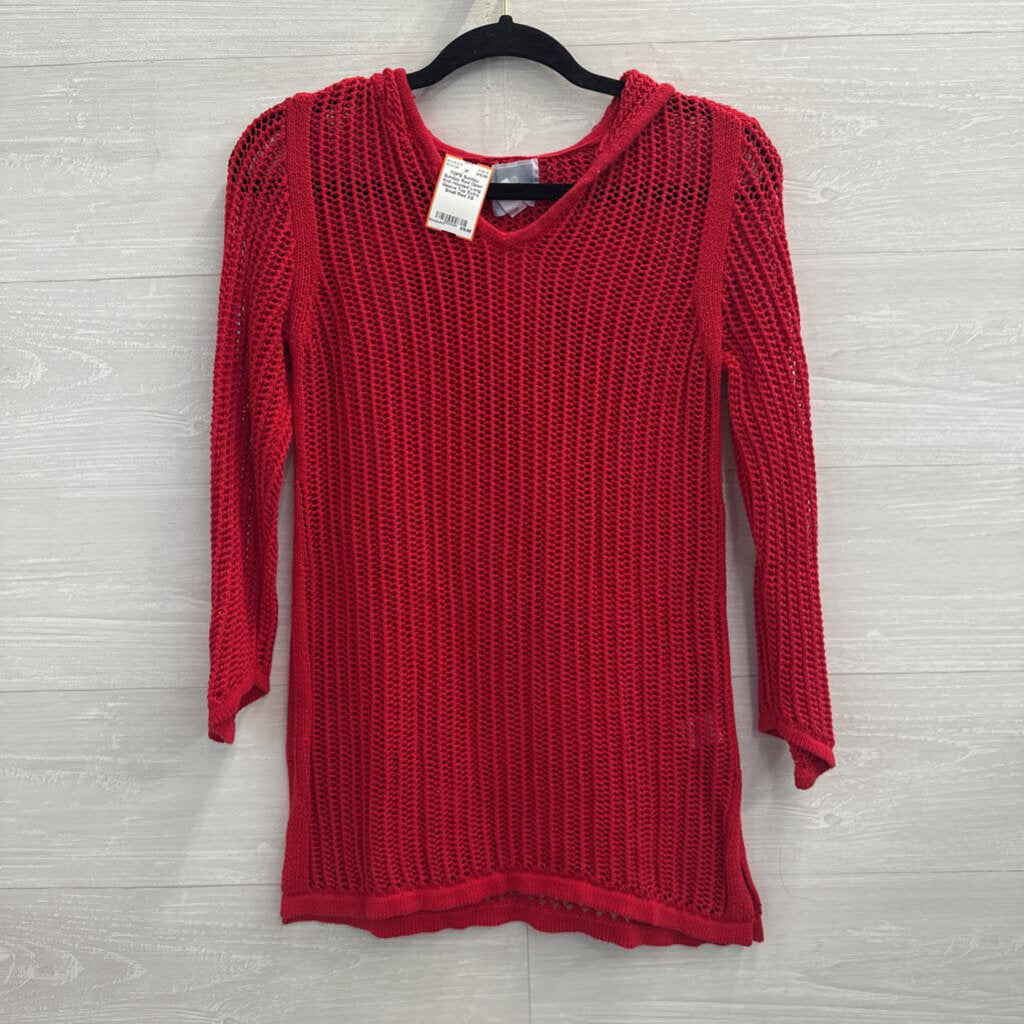 Sunday Red Open Knit Hooded Long Sleeve Top Extra Small