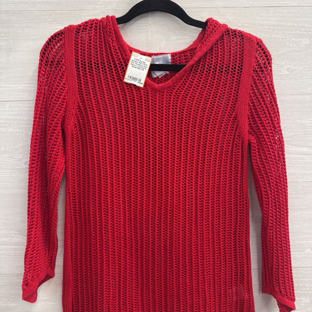 Sunday Red Open Knit Hooded Long Sleeve Top Extra Small