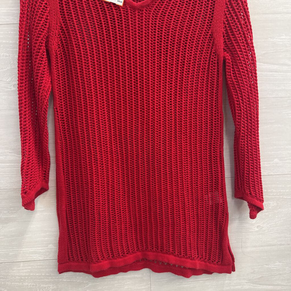 Sunday Red Open Knit Hooded Long Sleeve Top Extra Small