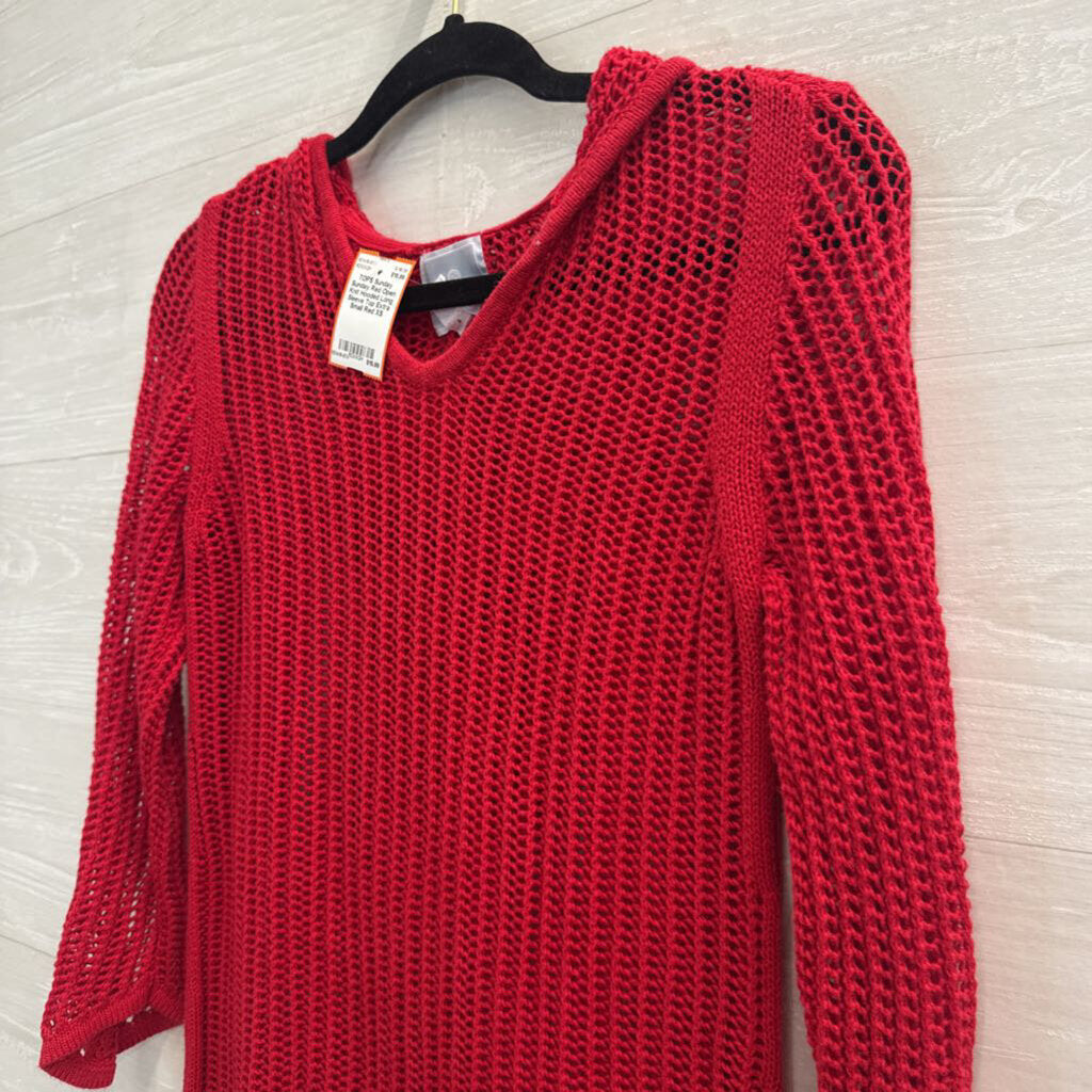 Sunday Red Open Knit Hooded Long Sleeve Top Extra Small