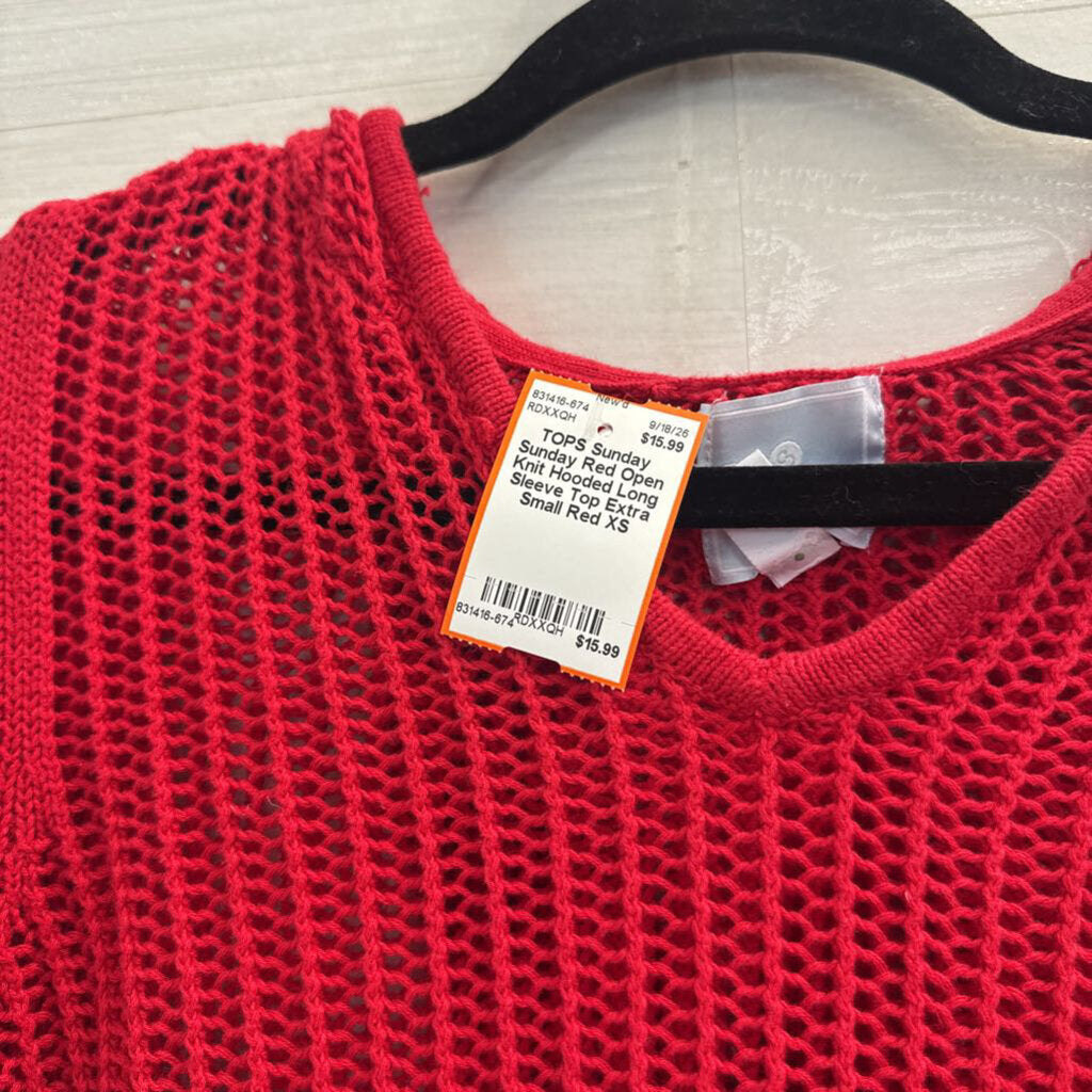 Sunday Red Open Knit Hooded Long Sleeve Top Extra Small