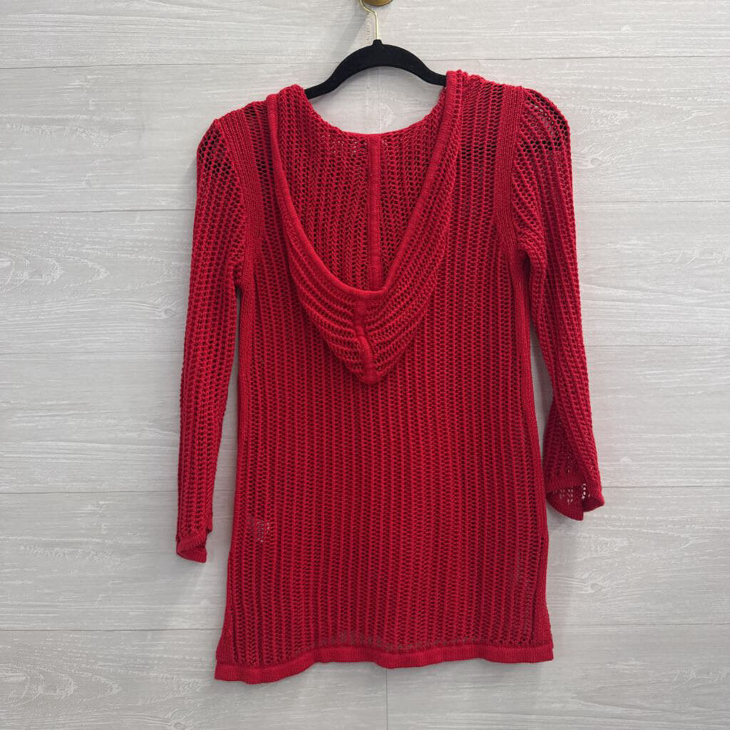 Sunday Red Open Knit Hooded Long Sleeve Top Extra Small