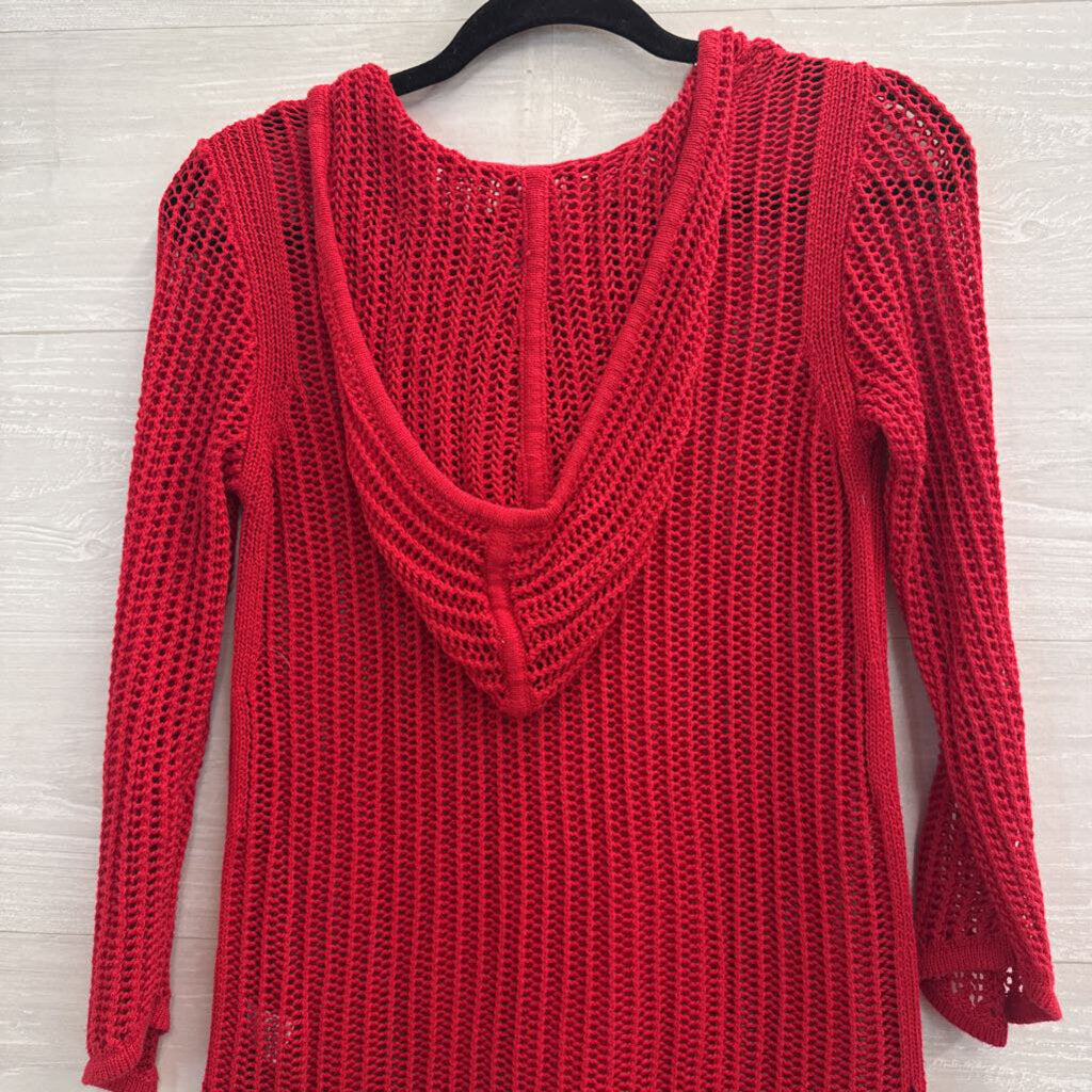 Sunday Red Open Knit Hooded Long Sleeve Top Extra Small
