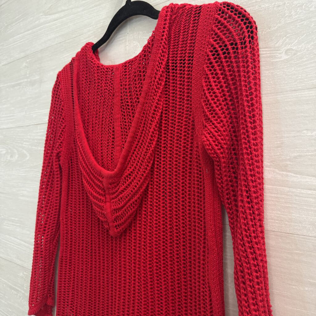 Sunday Red Open Knit Hooded Long Sleeve Top Extra Small