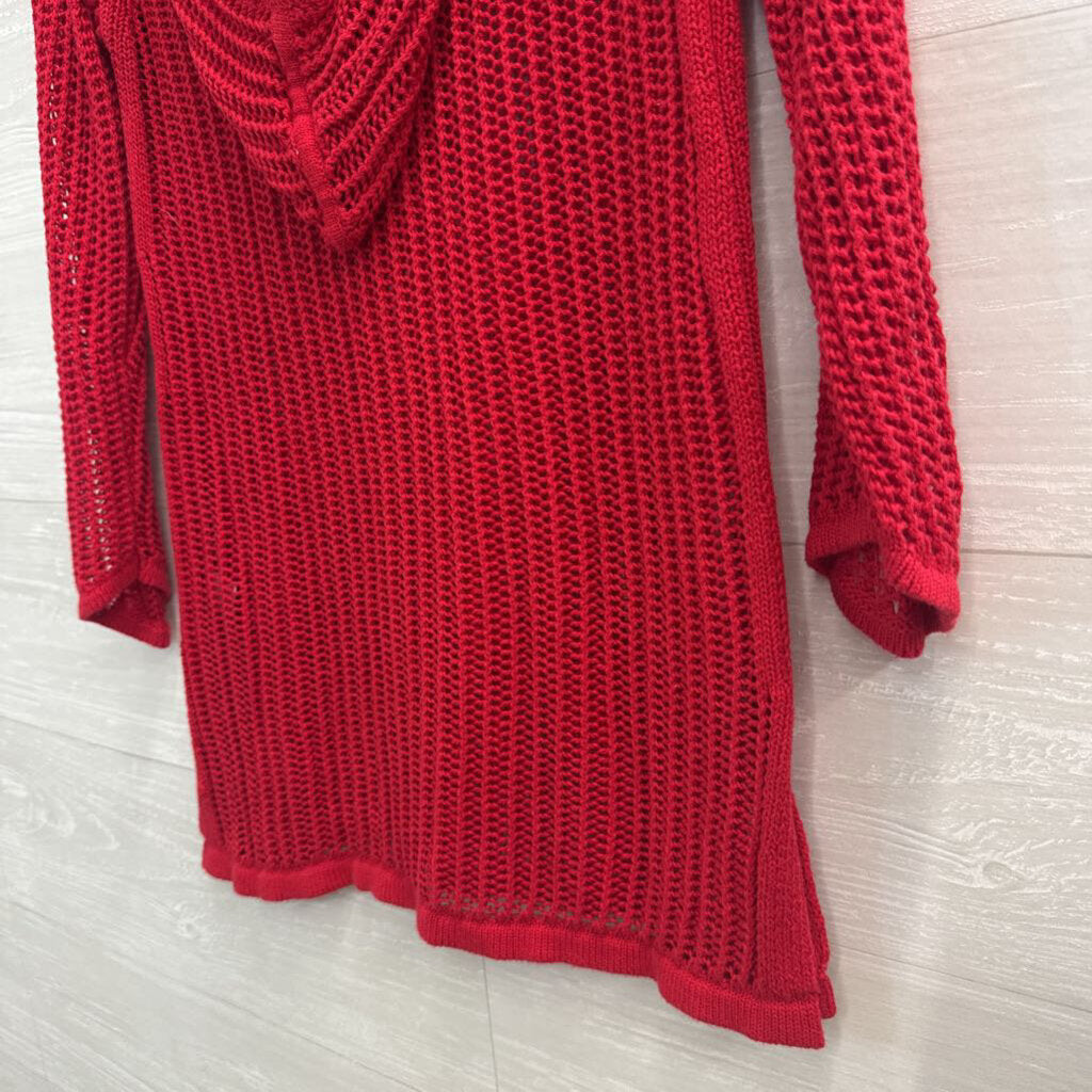 Sunday Red Open Knit Hooded Long Sleeve Top Extra Small