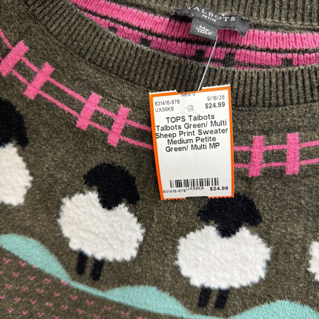 Talbots Green/ Multi Sheep Print Sweater Medium Petite