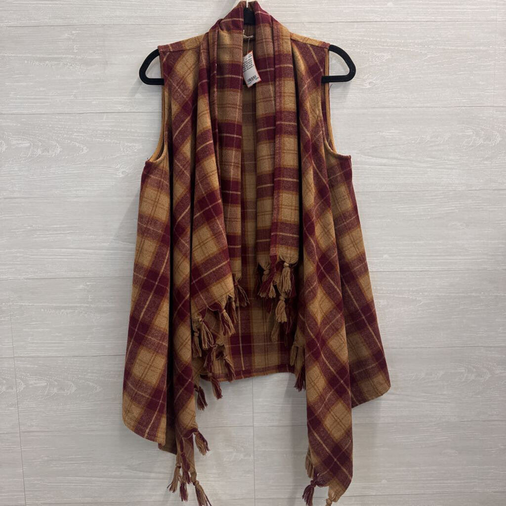 Entro Brown/ Burgundy Plaid Open Front Vest Top Small