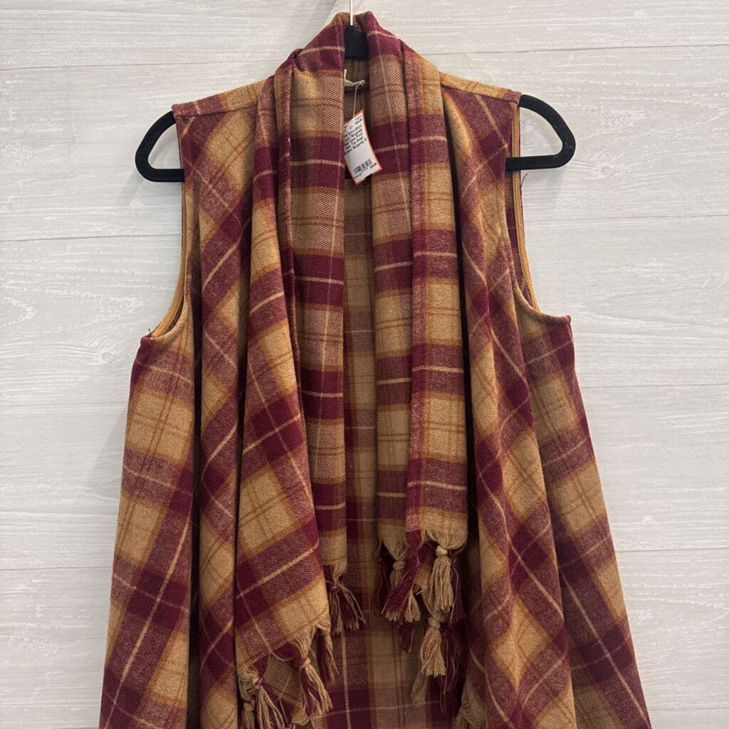 Entro Brown/ Burgundy Plaid Open Front Vest Top Small