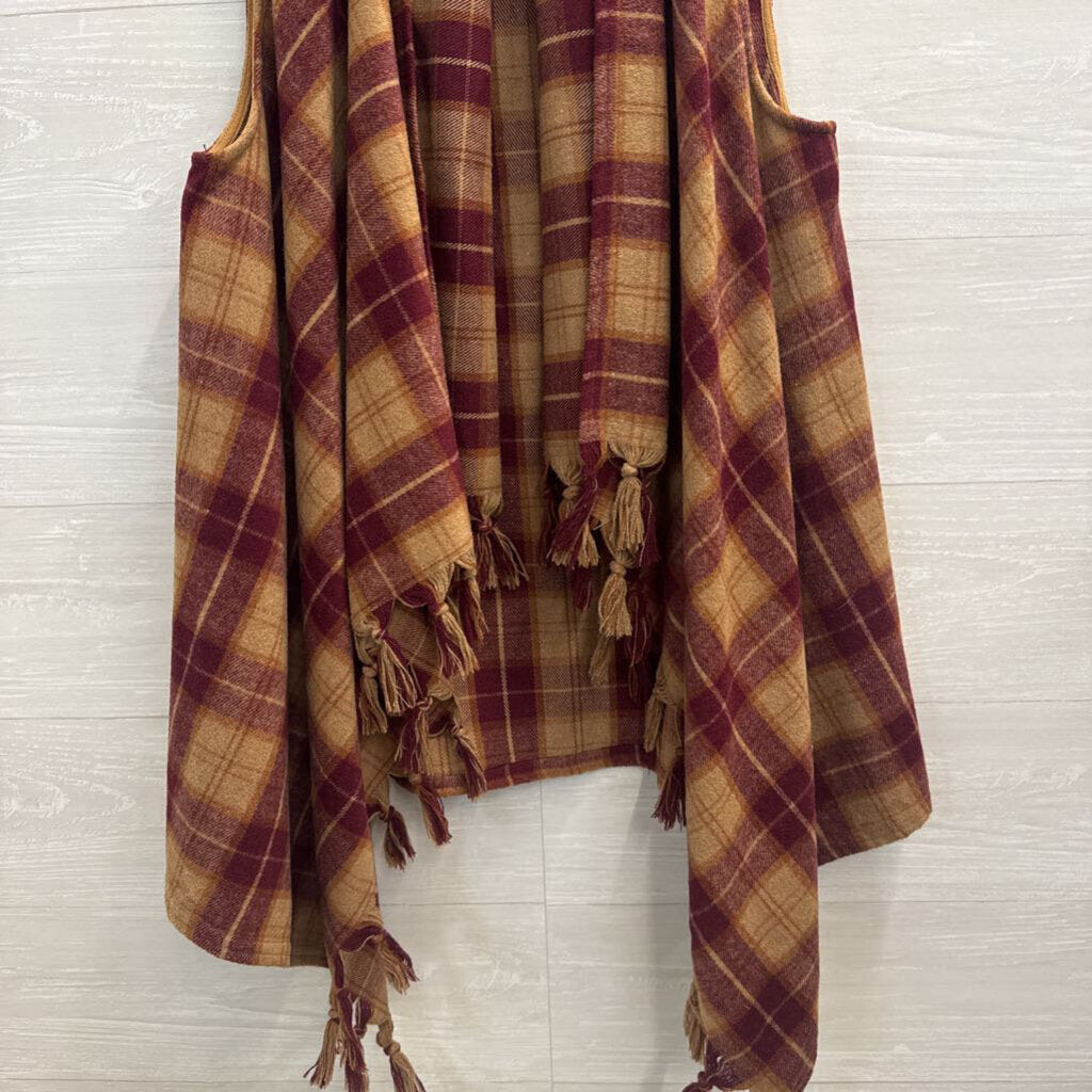 Entro Brown/ Burgundy Plaid Open Front Vest Top Small