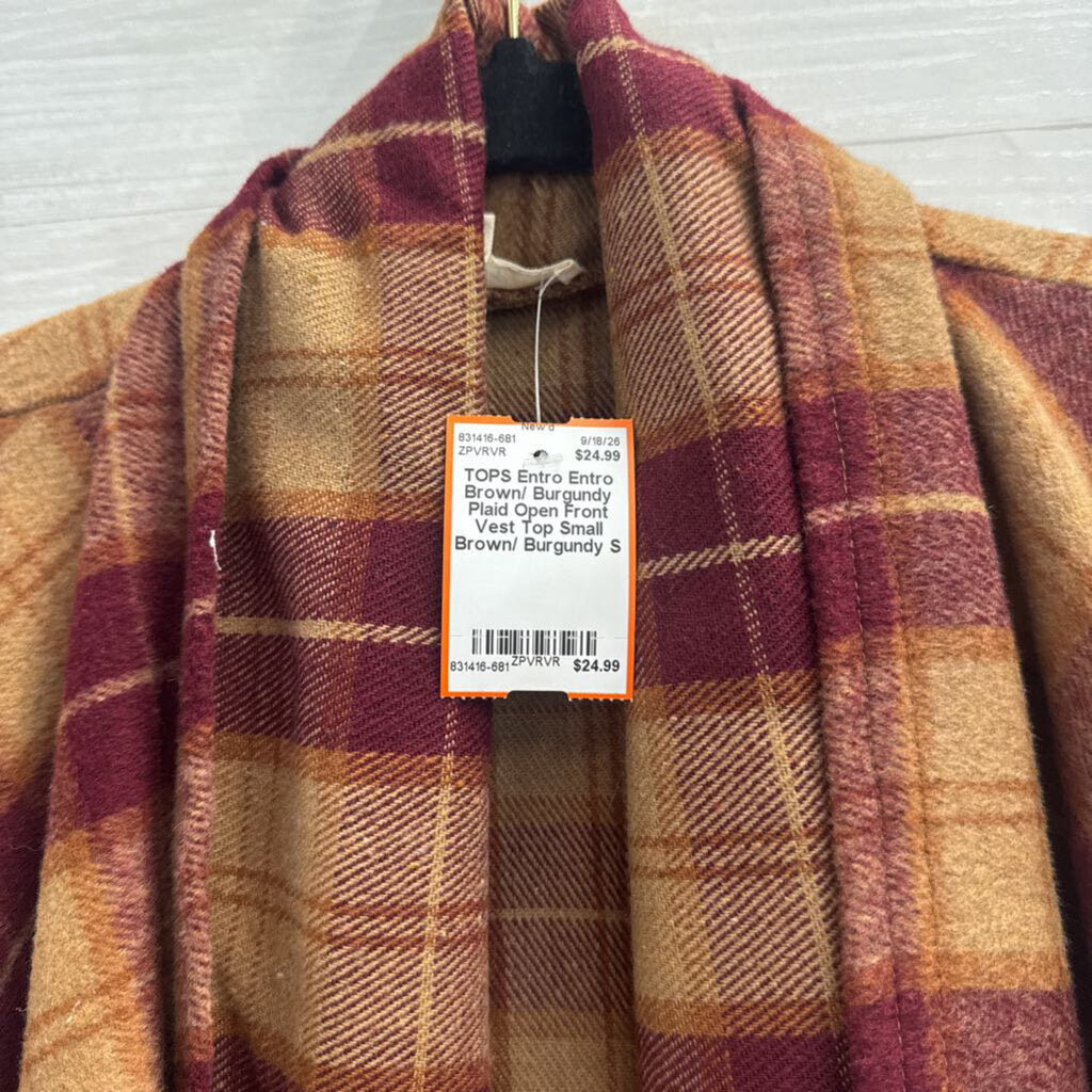 Entro Brown/ Burgundy Plaid Open Front Vest Top Small
