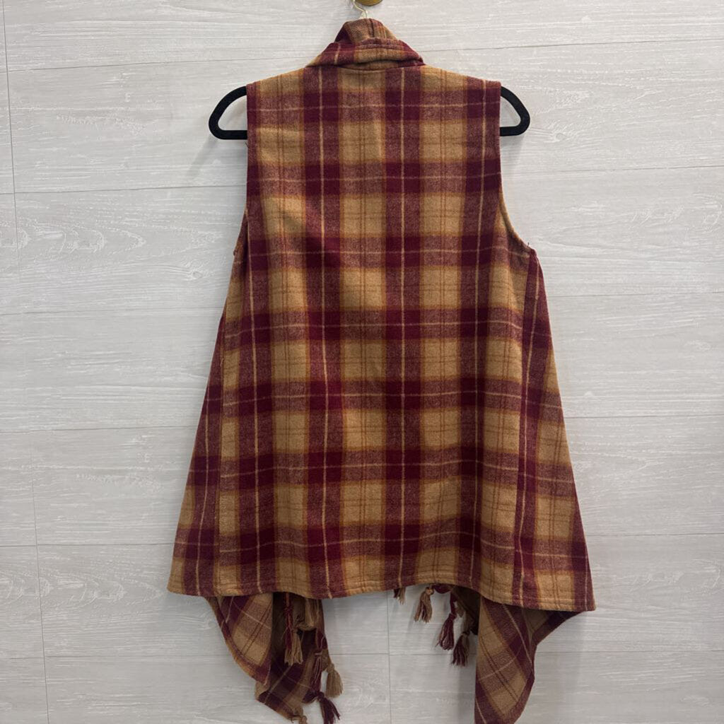 Entro Brown/ Burgundy Plaid Open Front Vest Top Small