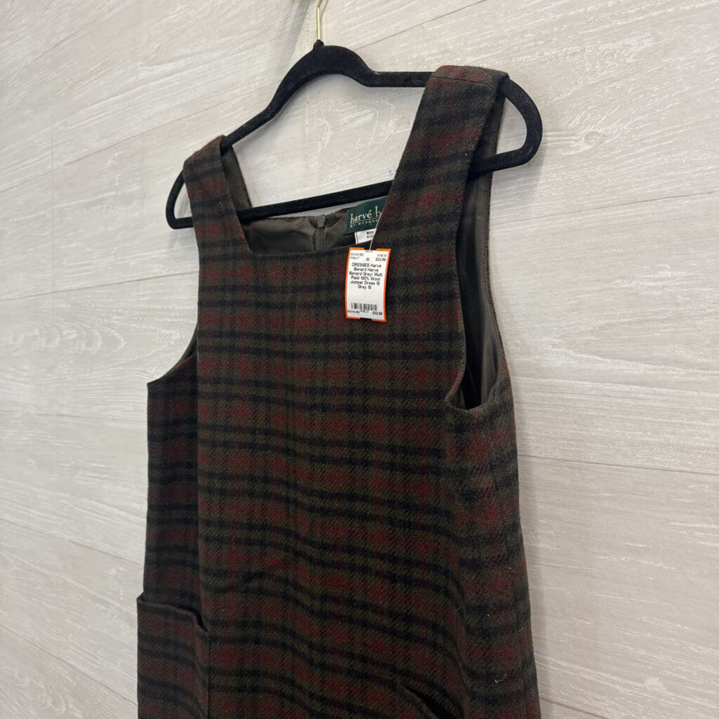 Harve Benard Grey/ Multi Plaid 100% Wool Jumper Dress 10