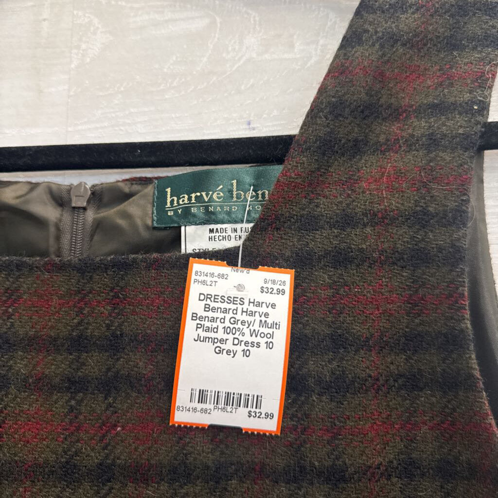Harve Benard Grey/ Multi Plaid 100% Wool Jumper Dress 10