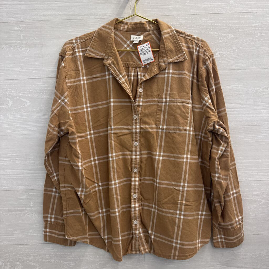 J Crew Brown/ White Plaid Long Sleeve Button Down Top Extra Large