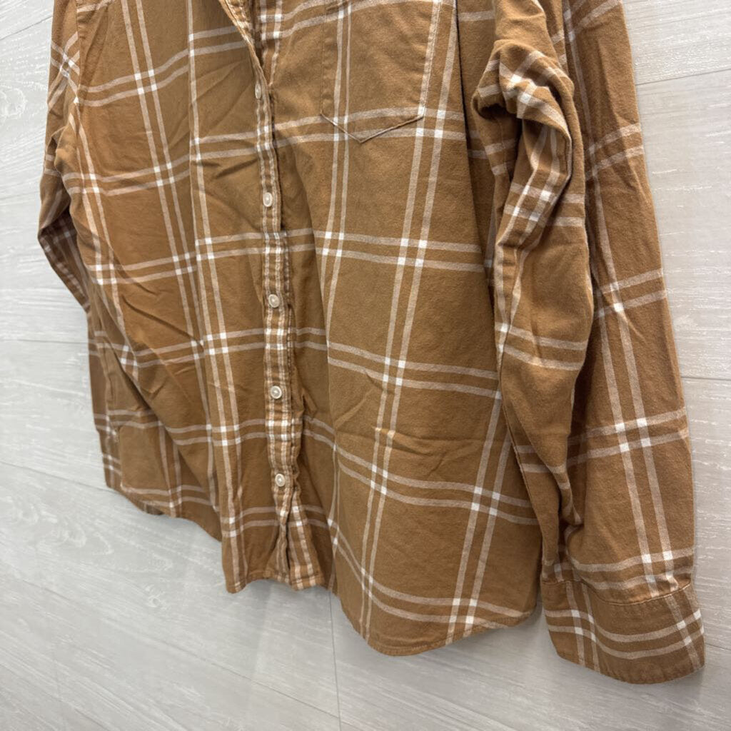 J Crew Brown/ White Plaid Long Sleeve Button Down Top Extra Large