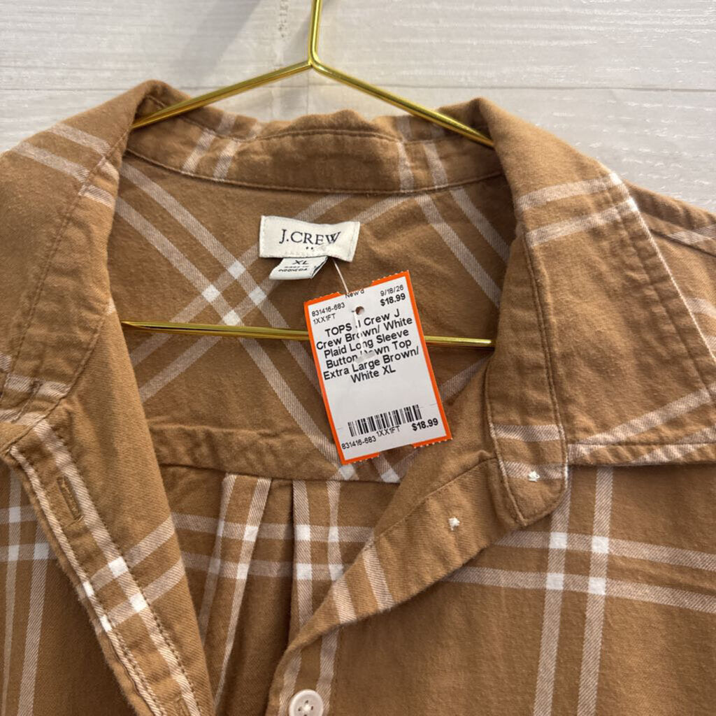 J Crew Brown/ White Plaid Long Sleeve Button Down Top Extra Large