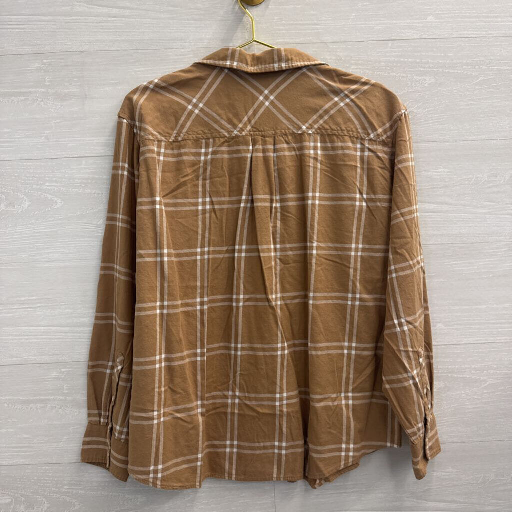 J Crew Brown/ White Plaid Long Sleeve Button Down Top Extra Large