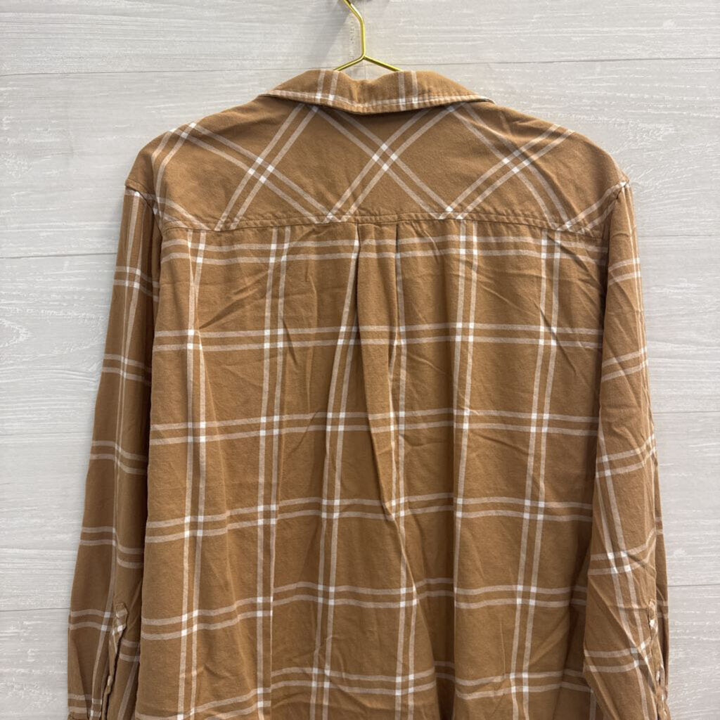 J Crew Brown/ White Plaid Long Sleeve Button Down Top Extra Large