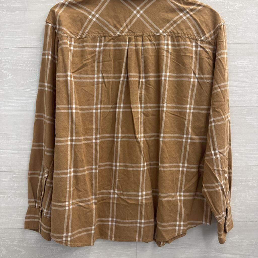J Crew Brown/ White Plaid Long Sleeve Button Down Top Extra Large