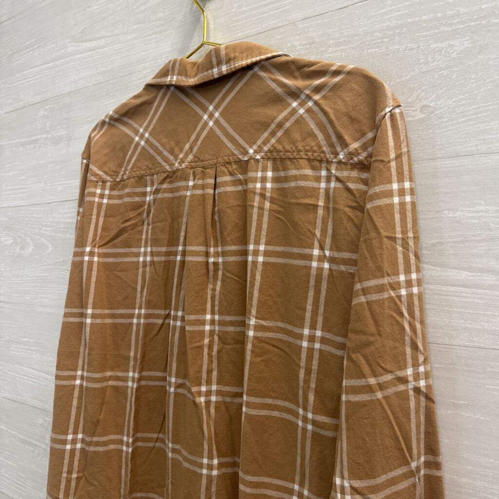 J Crew Brown/ White Plaid Long Sleeve Button Down Top Extra Large