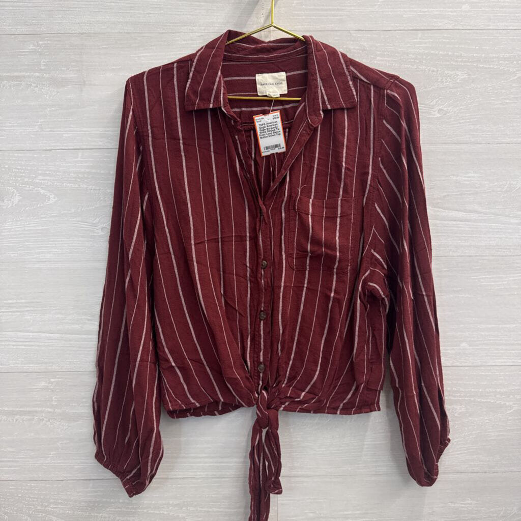 American Eagle Burgundy/ White Striped Tie Front Long Sleeve Button Down Top Extra Small