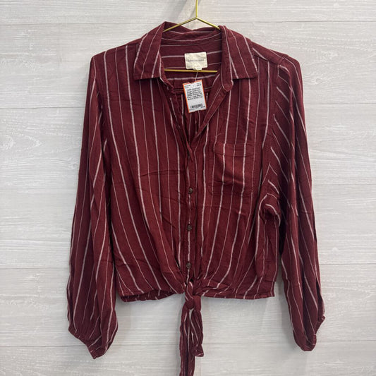 American Eagle Burgundy/ White Striped Tie Front Long Sleeve Button Down Top Extra Small