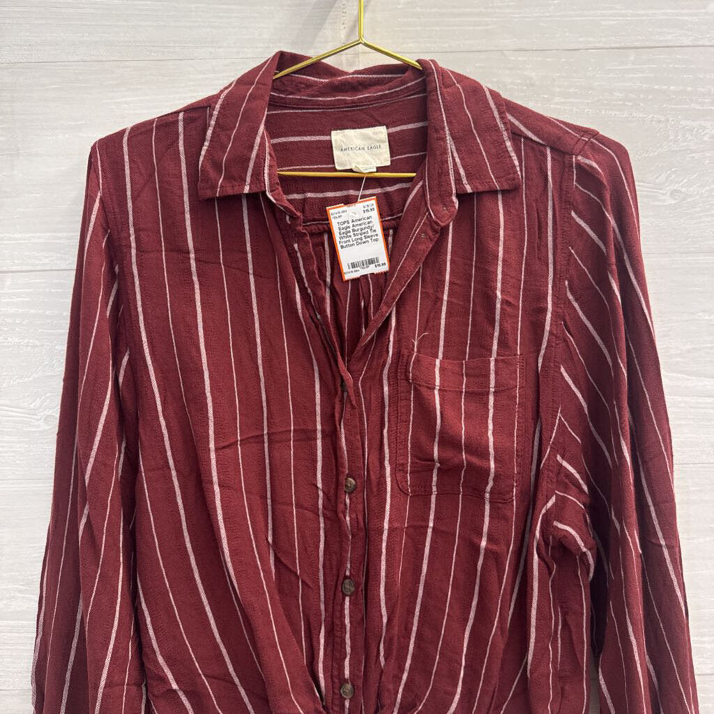 American Eagle Burgundy/ White Striped Tie Front Long Sleeve Button Down Top Extra Small