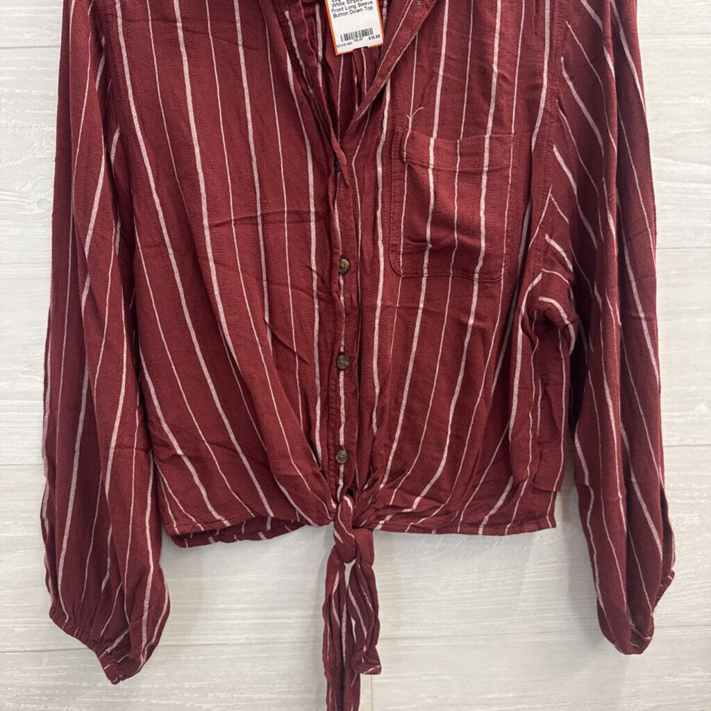 American Eagle Burgundy/ White Striped Tie Front Long Sleeve Button Down Top Extra Small