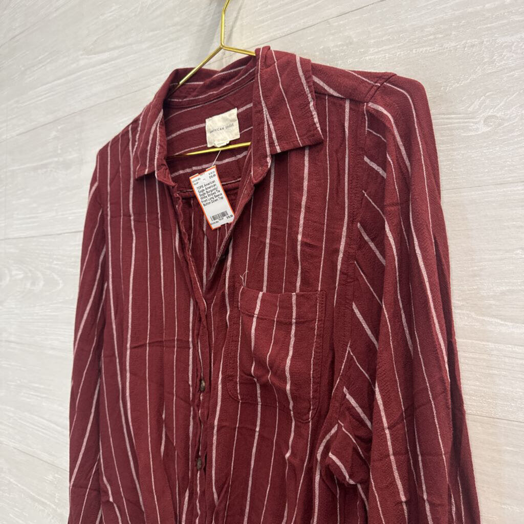 American Eagle Burgundy/ White Striped Tie Front Long Sleeve Button Down Top Extra Small