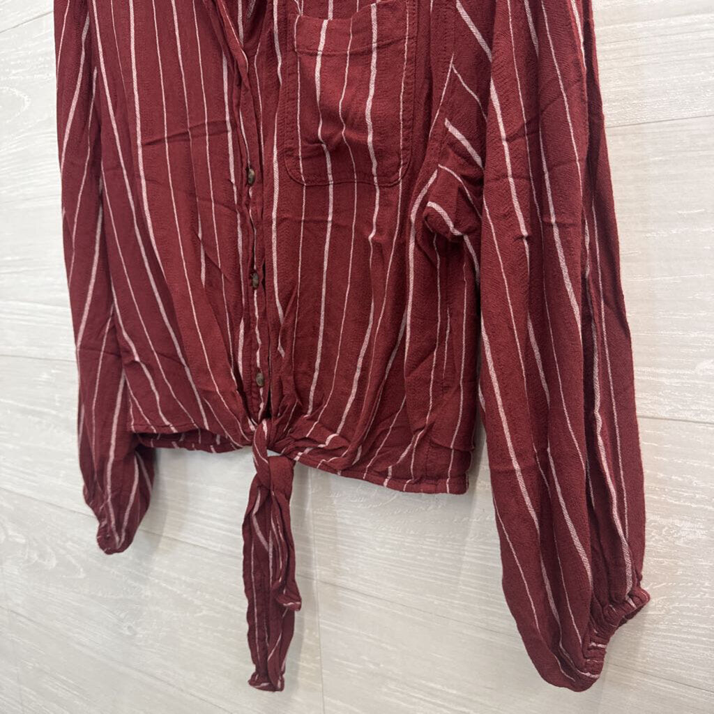 American Eagle Burgundy/ White Striped Tie Front Long Sleeve Button Down Top Extra Small