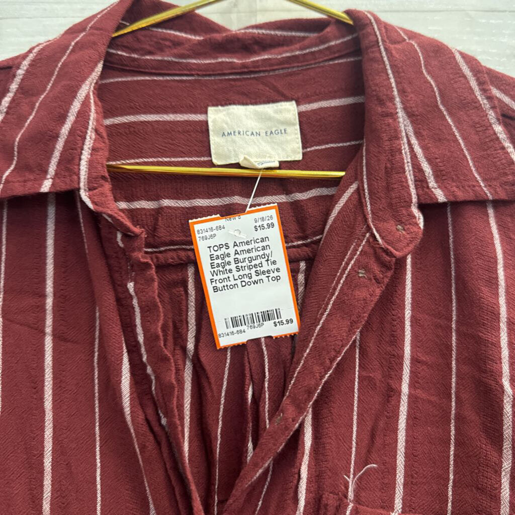 American Eagle Burgundy/ White Striped Tie Front Long Sleeve Button Down Top Extra Small