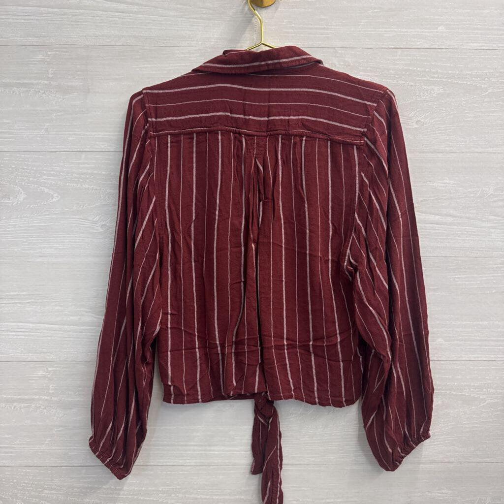 American Eagle Burgundy/ White Striped Tie Front Long Sleeve Button Down Top Extra Small