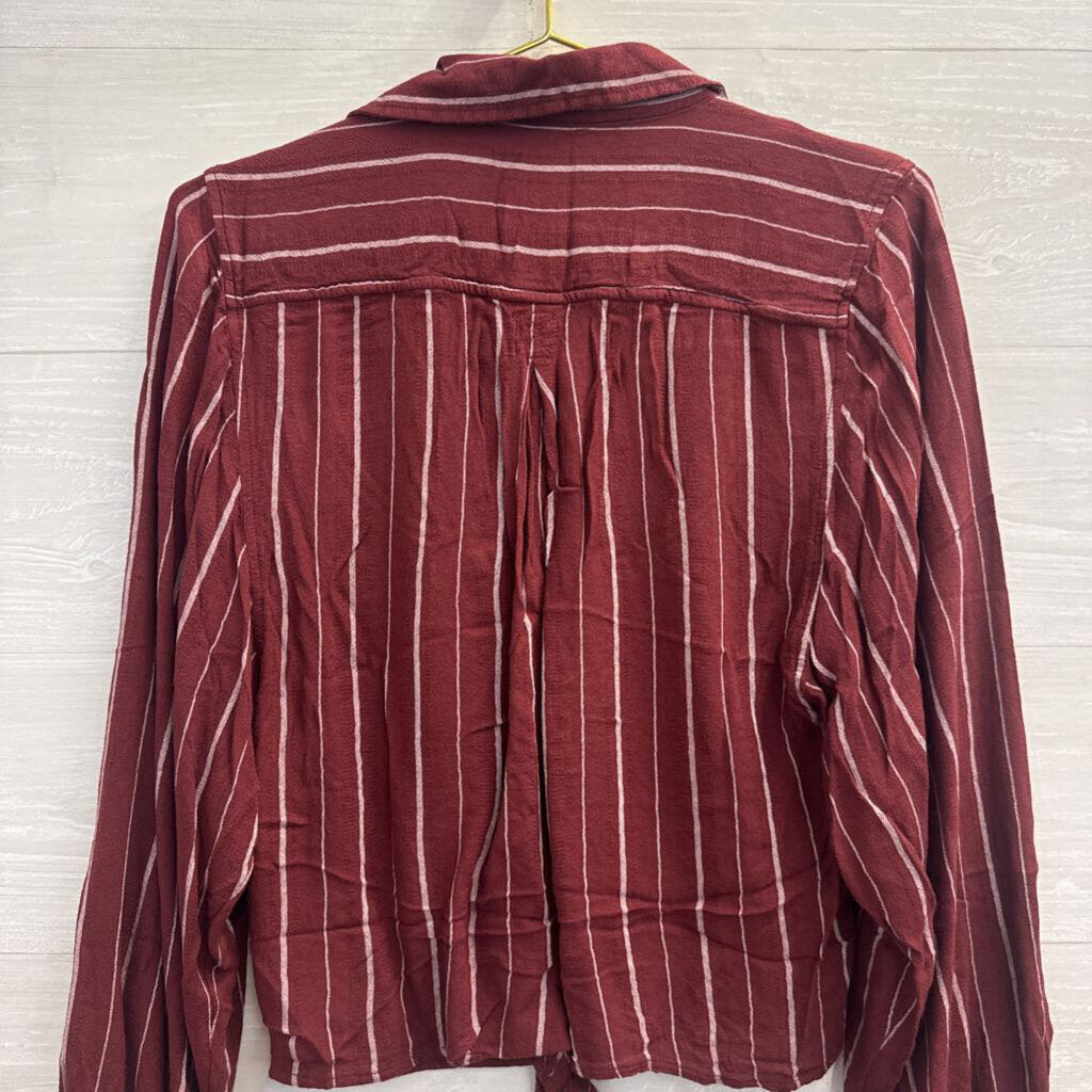 American Eagle Burgundy/ White Striped Tie Front Long Sleeve Button Down Top Extra Small
