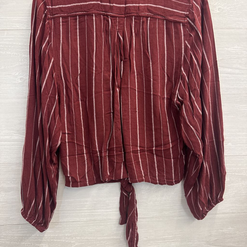 American Eagle Burgundy/ White Striped Tie Front Long Sleeve Button Down Top Extra Small