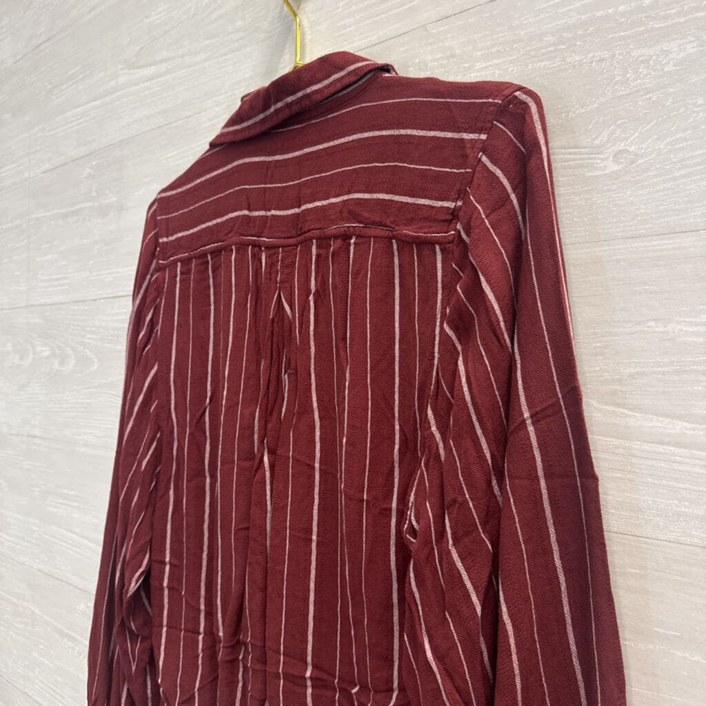 American Eagle Burgundy/ White Striped Tie Front Long Sleeve Button Down Top Extra Small