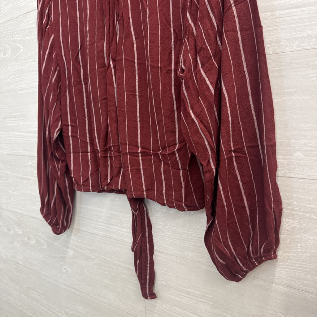 American Eagle Burgundy/ White Striped Tie Front Long Sleeve Button Down Top Extra Small