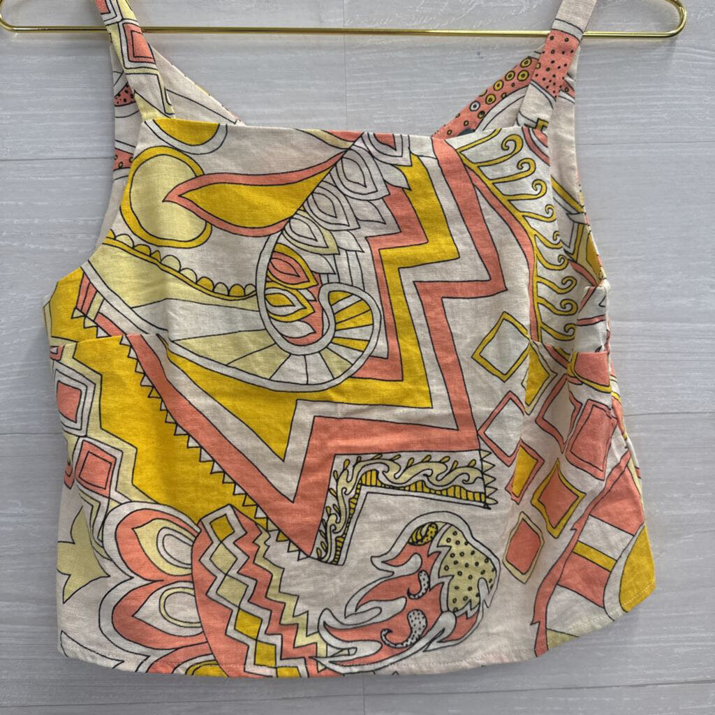 ModCloth Cream/ Yellow/ Pink Print Cropped Tank Top Extra Small