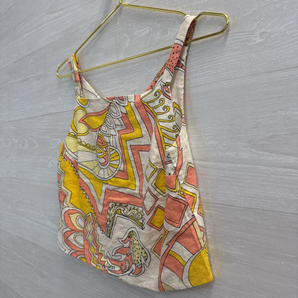 ModCloth Cream/ Yellow/ Pink Print Cropped Tank Top Extra Small