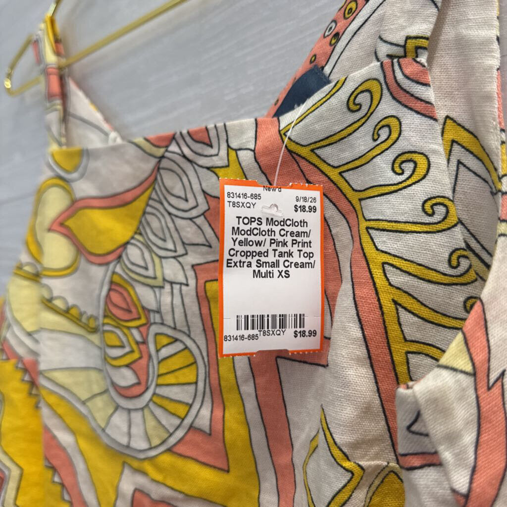 ModCloth Cream/ Yellow/ Pink Print Cropped Tank Top Extra Small