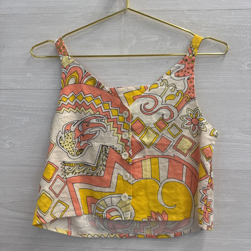 ModCloth Cream/ Yellow/ Pink Print Cropped Tank Top Extra Small