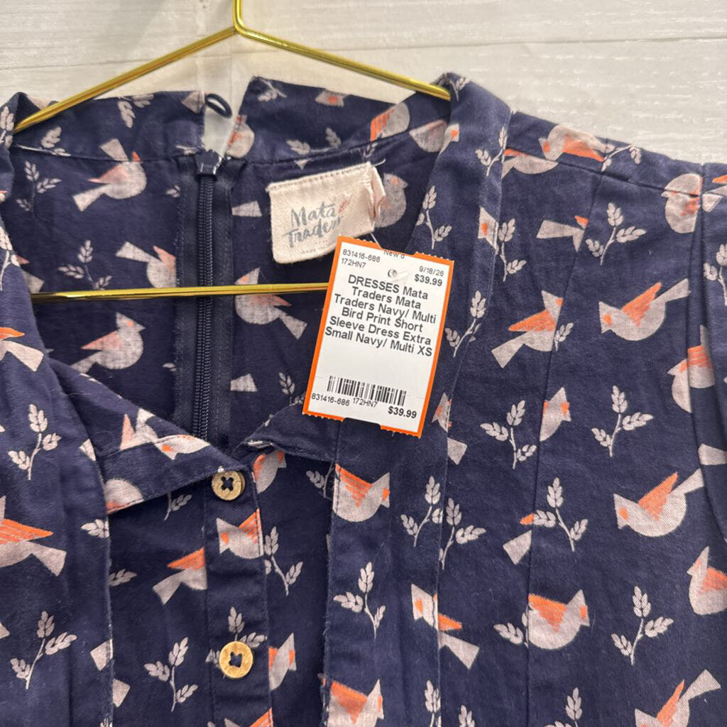 Mata Traders Navy/ Multi Bird Print Short Sleeve Dress Extra Small