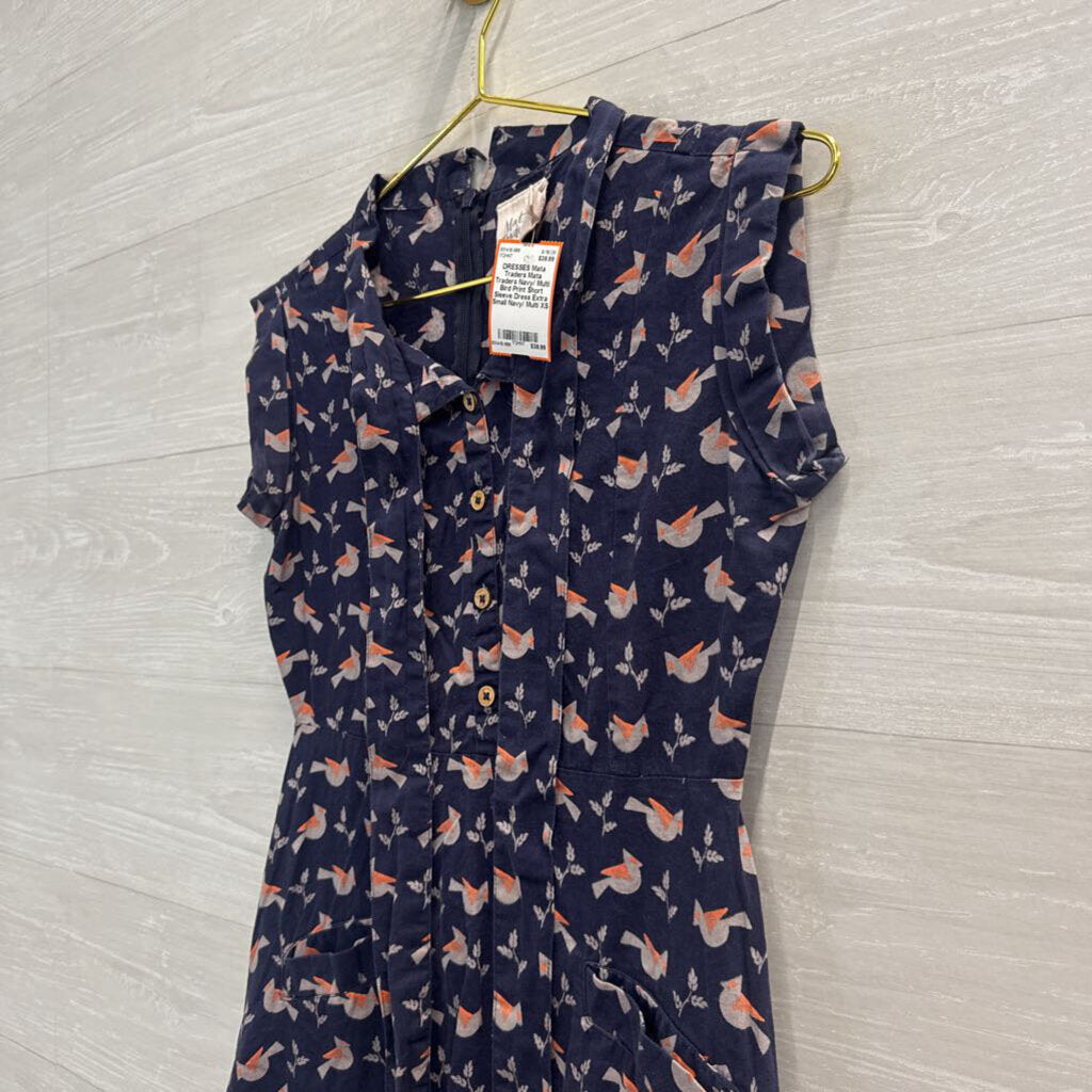 Mata Traders Navy/ Multi Bird Print Short Sleeve Dress Extra Small