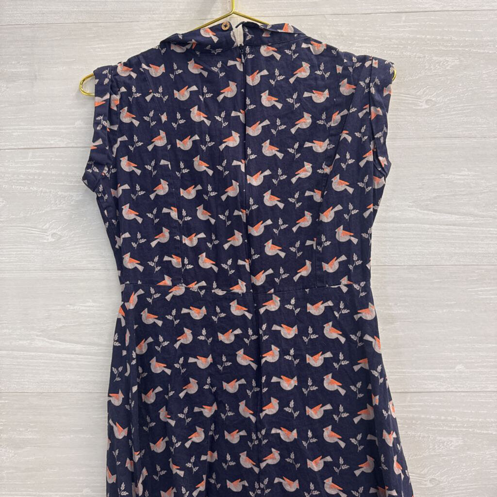 Mata Traders Navy/ Multi Bird Print Short Sleeve Dress Extra Small