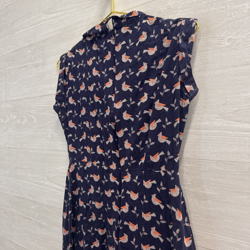 Mata Traders Navy/ Multi Bird Print Short Sleeve Dress Extra Small