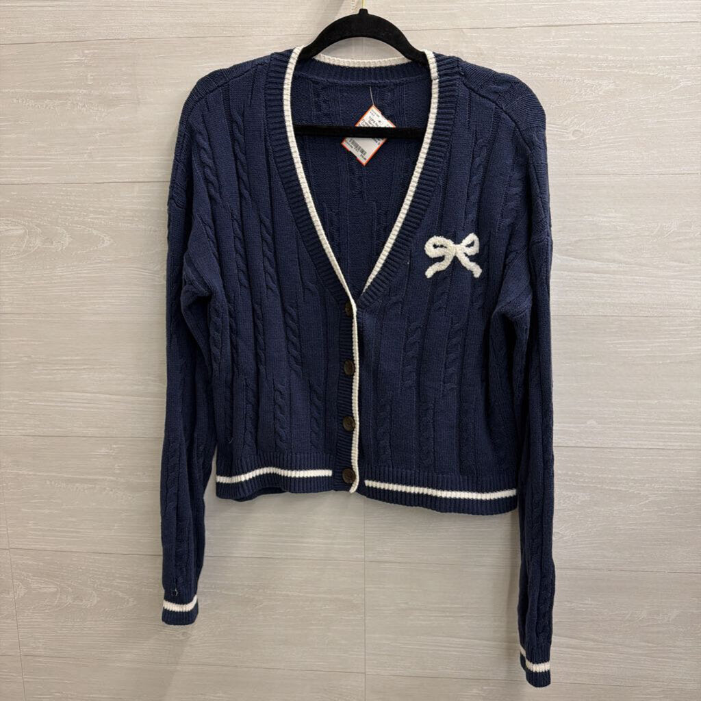 Navy/ White Cropped Bow Detail Cardigan Sweater Small
