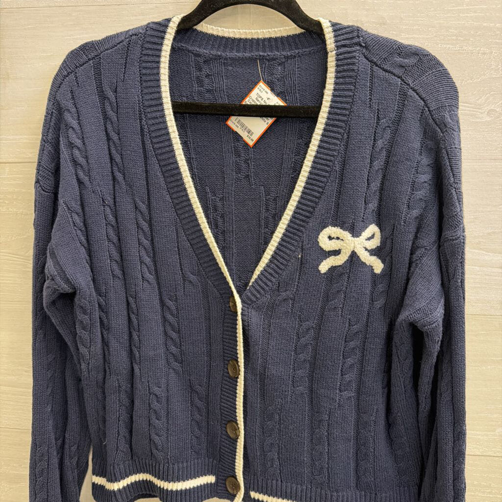 Navy/ White Cropped Bow Detail Cardigan Sweater Small