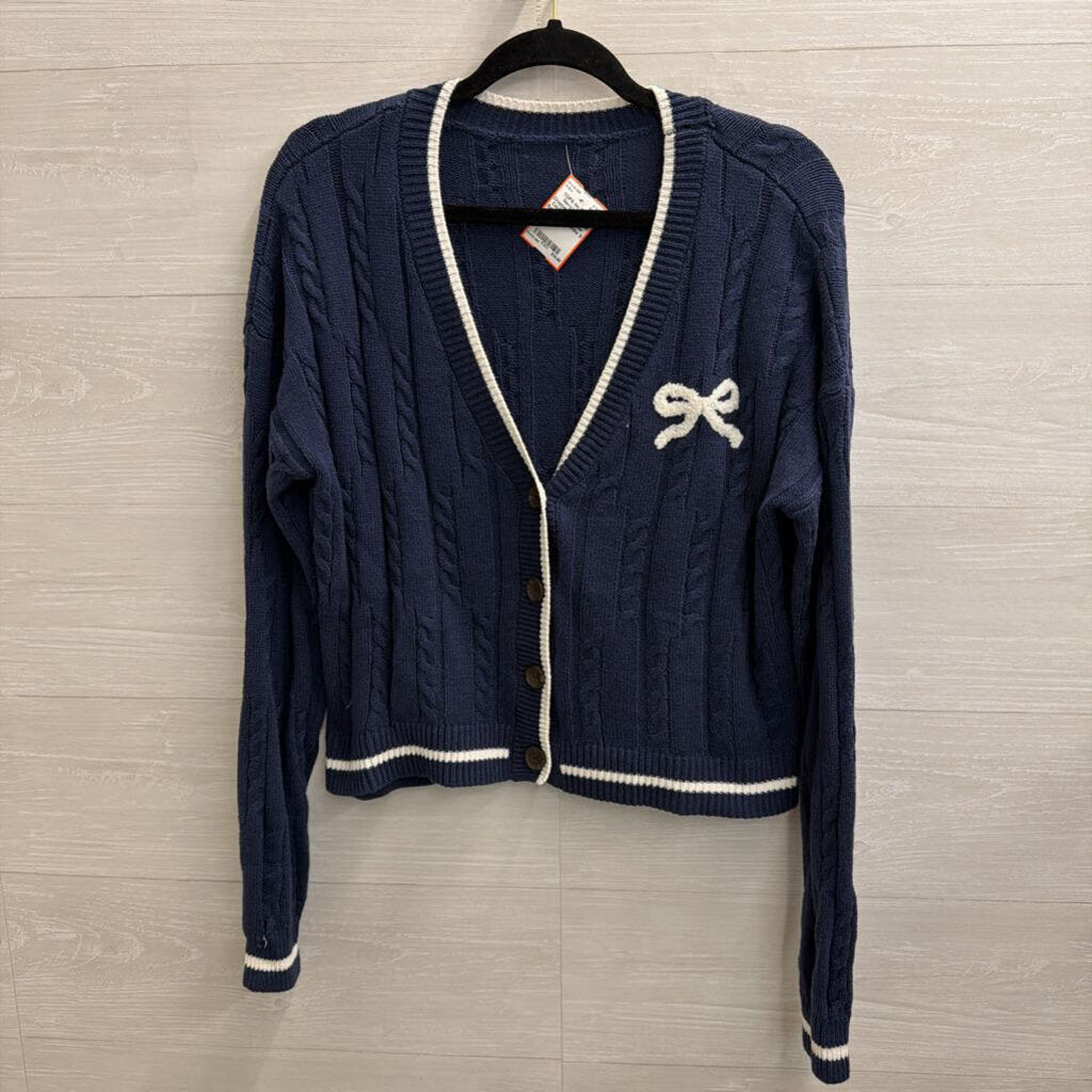 Navy/ White Cropped Bow Detail Cardigan Sweater Small